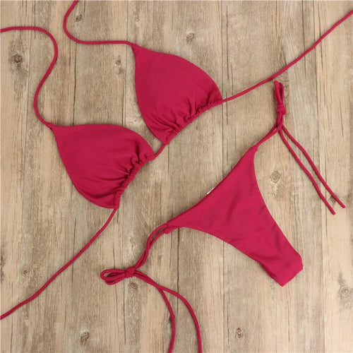 Women Triangle Bikini Set Halter Tie-Up Two Piece Swimsuit Thong