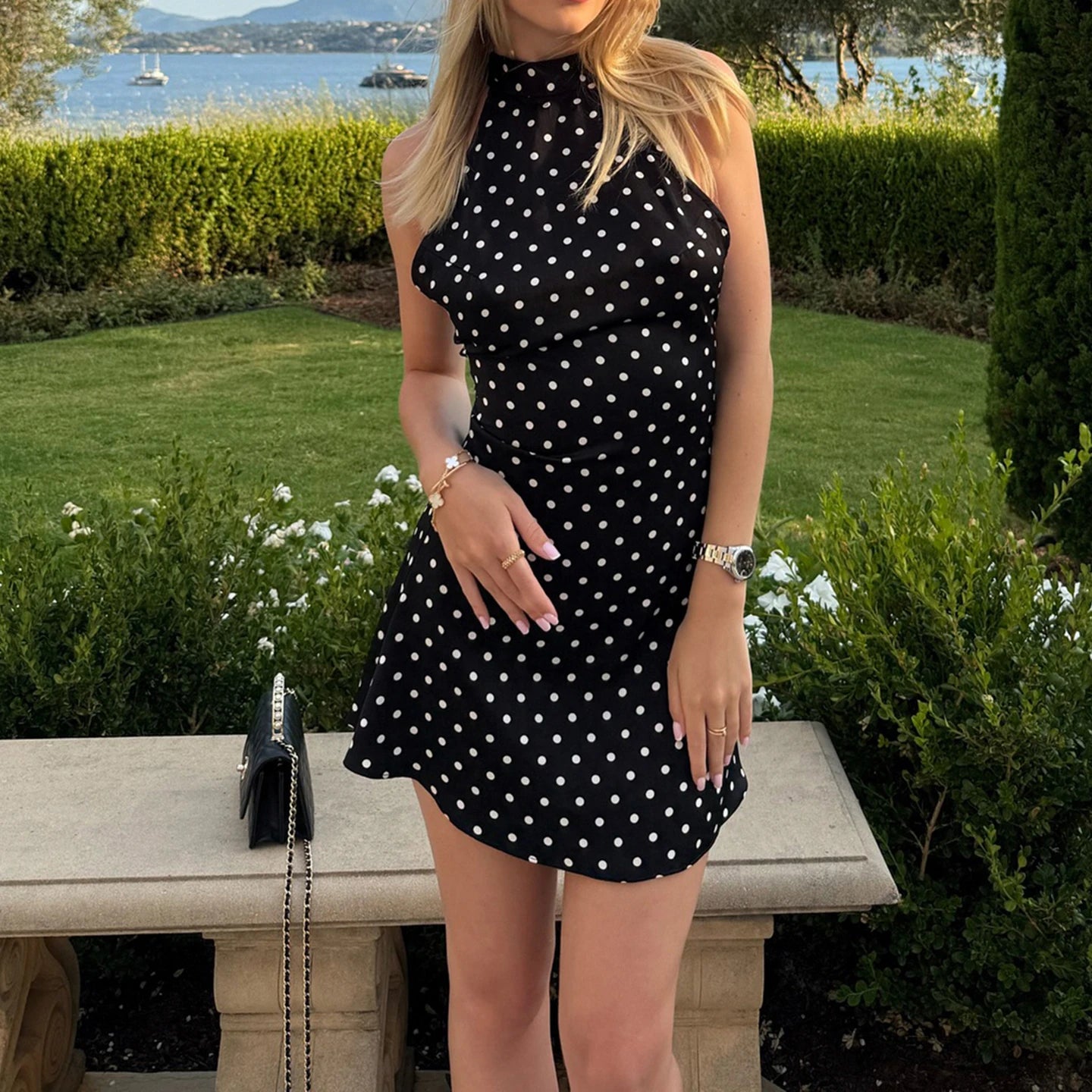 SUCHCUTE Sexy Polka Dot Print Halter Dress For Women Elegant Party