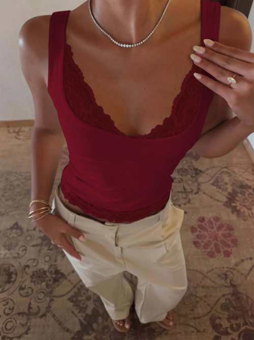 Dulzura Square Collar Backless Slim Lace Ruffles Patchwork Tank Top