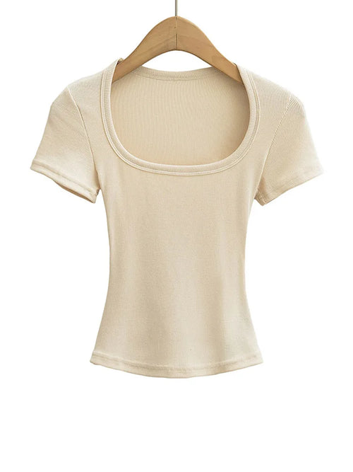 Women's Slim Fit Square Collar Crop Top High Stretch Short Sleeve
