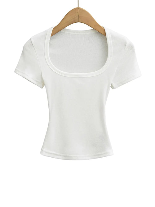 Women's Slim Fit Square Collar Crop Top High Stretch Short Sleeve