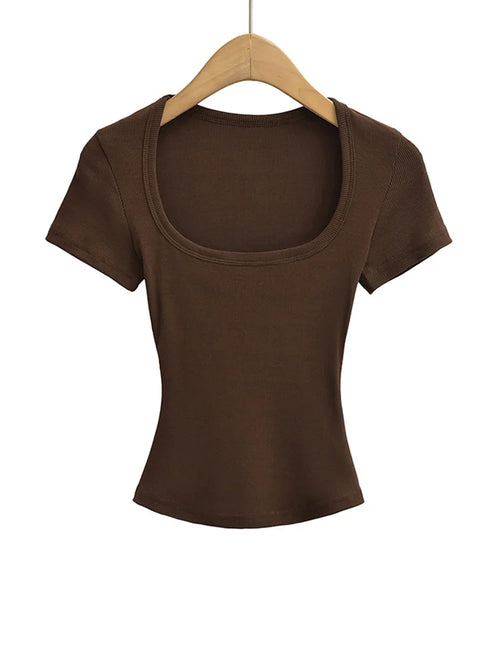 Women's Slim Fit Square Collar Crop Top High Stretch Short Sleeve