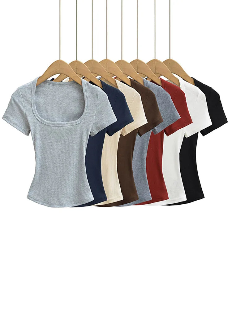 Women's Slim Fit Square Collar Crop Top High Stretch Short Sleeve