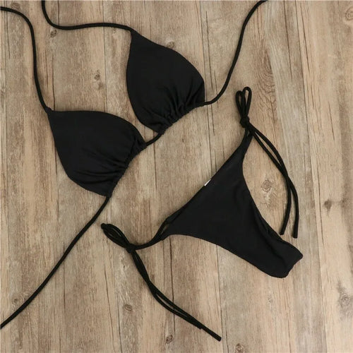 Women Triangle Bikini Set Halter Tie-Up Two Piece Swimsuit Thong