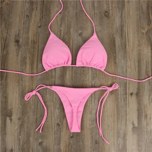 Women Triangle Bikini Set Halter Tie-Up Two Piece Swimsuit Thong