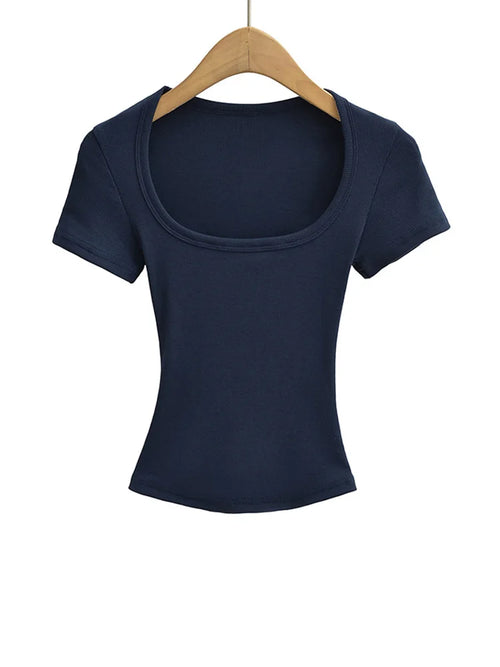 Women's Slim Fit Square Collar Crop Top High Stretch Short Sleeve