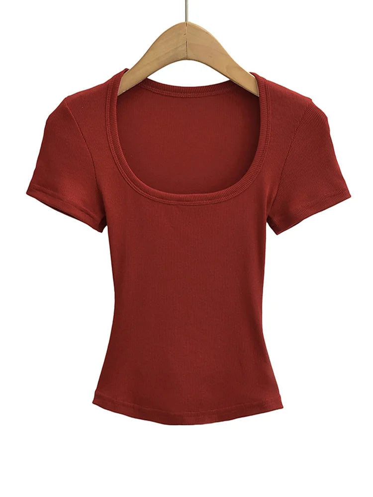 Women's Slim Fit Square Collar Crop Top High Stretch Short Sleeve