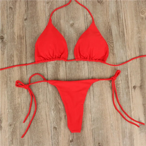 Women Triangle Bikini Set Halter Tie-Up Two Piece Swimsuit Thong