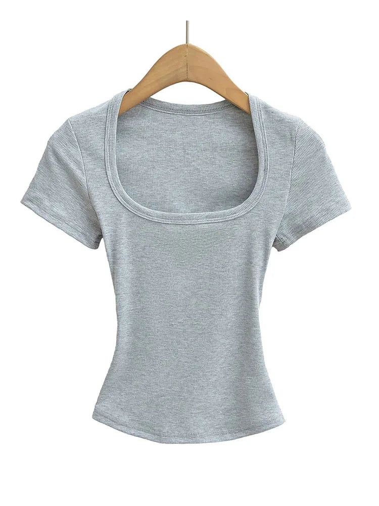 Women's Slim Fit Square Collar Crop Top High Stretch Short Sleeve