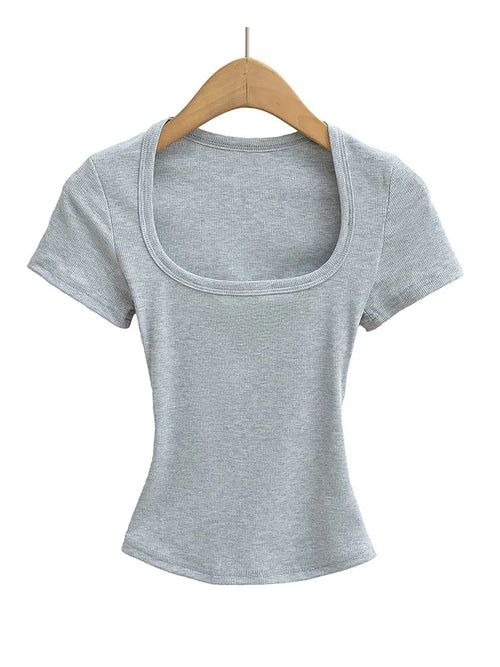 Women's Slim Fit Square Collar Crop Top High Stretch Short Sleeve
