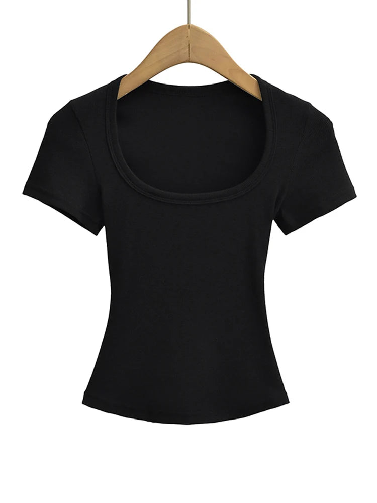 Women's Slim Fit Square Collar Crop Top High Stretch Short Sleeve