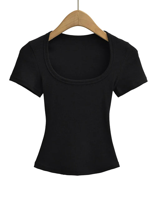 Women's Slim Fit Square Collar Crop Top High Stretch Short Sleeve