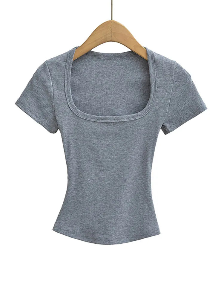 Women's Slim Fit Square Collar Crop Top High Stretch Short Sleeve