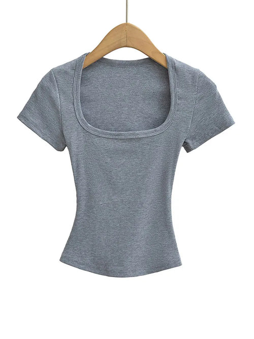 Women's Slim Fit Square Collar Crop Top High Stretch Short Sleeve