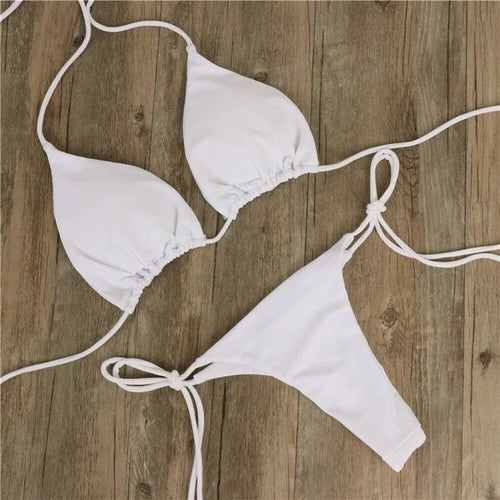 Women Triangle Bikini Set Halter Tie-Up Two Piece Swimsuit Thong